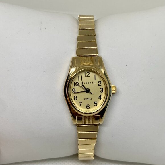 Vintage elements gold tone women watch 20mm oval quartz analog size 6” running - Picture 1 of 6